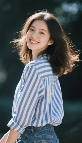 蓝白色条纹衬衫美女写真摄影图片